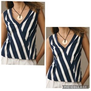 Anthropologie Navy and White Striped V-Neck Sleeveless Blouse